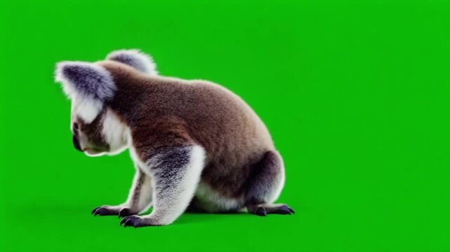 Adorable baby koala bear with big eyes sits on a green screen, looking directly at the camera.