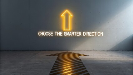 Bright neon arrow pointing upward with smart direction text