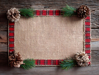 Festive Christmas Background with Burlap Plaid Border Pine Cones and Rustic Wood Texture