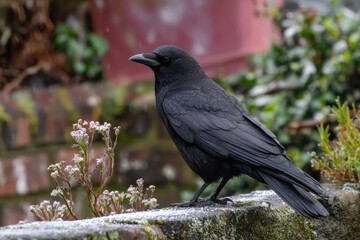 Carrion crow perched in garden with lush greenery and brick wall.