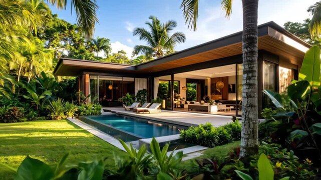 Modern luxury villa with a pool and lush tropical garden under a bright sunny sky.