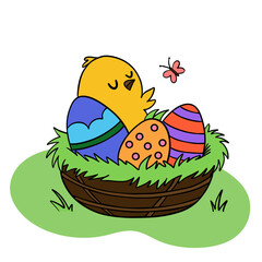 Hand-drawn Easter illustration featuring a cozy nest filled with colorful eggs and a cute little chick. Perfect for Easter 