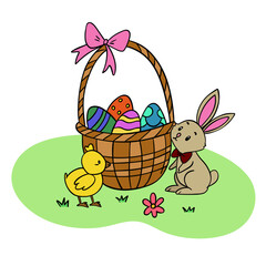 Hand-drawn Easter illustration featuring a basket filled with colorful eggs, a cute bunny, and a little chick nearby. Perfect for Easter