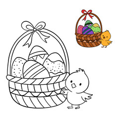 Hand-drawn children&rsquo;s Easter coloring illustration featuring a basket, a cute chick, and Easter eggs, with a colored preview shown at the top. Educational and playful design perfect for kids