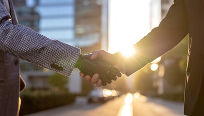 Close up of a Human and Bionic Hand Shaking in Sunlight