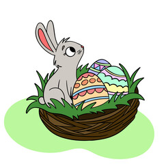 Hand-drawn Easter illustration featuring a cute bunny and eggs in a nest. Spring holiday artwork suitable for Easter designs