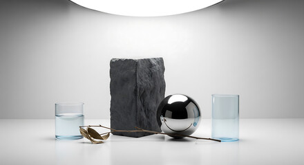 Minimalist composition with reflective sphere, stone, and glasses of water on a white background