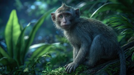 Monkey portrait in lush green foliage with natural lighting and details