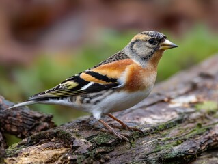 Colorful brambling bird in natural habitat perched on wood.