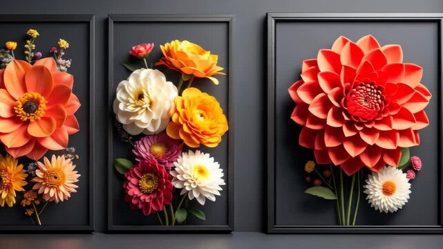 Three framed floral art pieces, each showcasing vibrant, colorful flowers against a dark background.