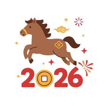 Dynamic cartoon horse illustration for the 2026 new year celebration, adorned with festive motifs and firecracker accents