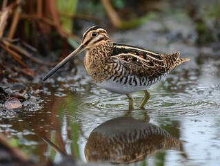 Common snipe in natural habitat: exploring wetlands and wildlife.