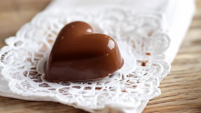 A heart-shaped chocolate candy rests on a white doily, a delicious treat.