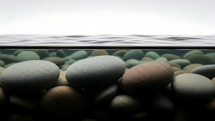 Underwater view of smooth stones and pebbles beneath a surface of rippling water, with a bright sky above