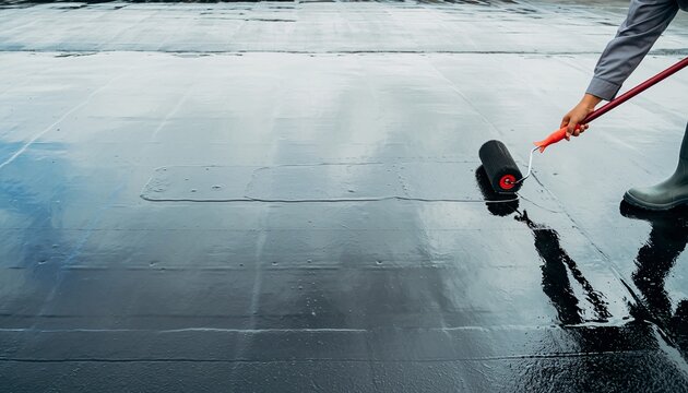 Worker applying liquid waterproofing sealant to a flat roof surface with a roller for protection and maintenance.
