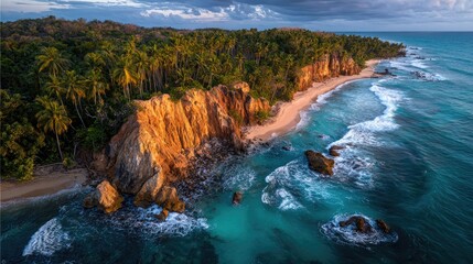 Scenic coastal landscape with cliffs shoreline and lush tropical vegetation