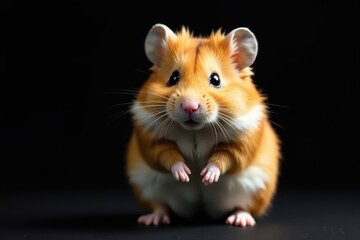 Fluffy hamster posed against stark black backdrop, rodent portrait, shadow