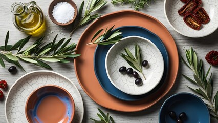 Culinary Delight: An overhead perspective captures an inviting scene of culinary art, where elegantly arranged dishes, adorned with olive branches and tantalizing sun-dried tomatoes, come together