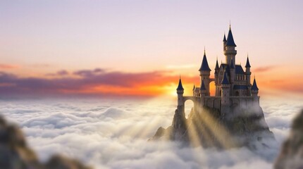 Golden Hour Castle Above Clouds, Fantasy Realm