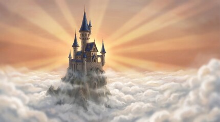 Majestic Castle on Clouds, Golden Sky Radiance