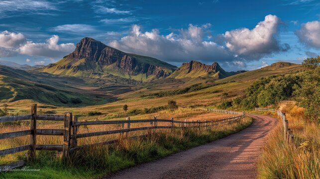 Scenic mountain landscape with road and wooden fence under cloudy blue sky - Powered by Adobe