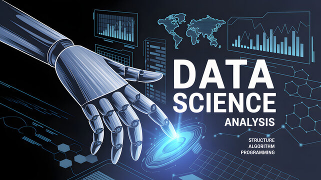 Robot hand interacting with data science analysis interface - Powered by Adobe