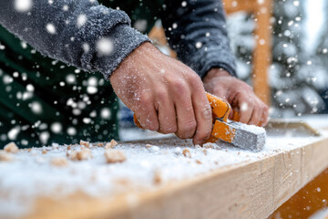 Snowflakes swirl around the focused hands of a woodworker expertly using a tool, capturing the essence of craftsmanship in a serene, winter workshop environment.