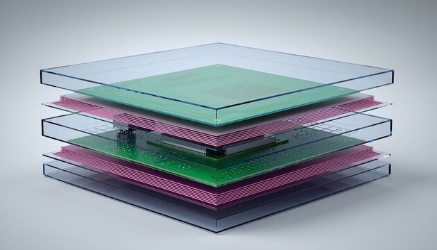 A detailed view of a multi-layered electronic circuit board or component stack with transparent, green, and pink sheets.