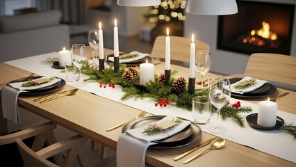 Fototapeta premium Elegant dining table set for a special occasion, with candles, silverware, and decorative elements. The setting suggests a warm and inviting atmosphere, perfect for a gathering