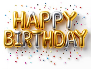 3D Golden and Silver Balloon Text "HAPPY BIRTHDAY" with Confetti