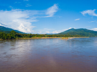 Obraz premium The Mekong or Mekong River is a transboundary river in East Asia and Southeast Asia. Aerial beautiful shot with drone.