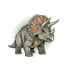 Fototapeta premium Cute Triceratops Dinosaur with Christmas Lights on Neck Frill, Festive Animal Illustration.