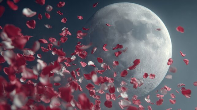 Moon, heart love, rose petal in night sky background, Valentine style