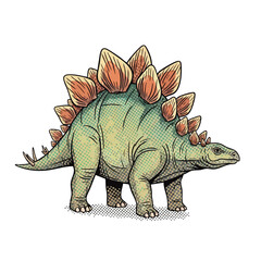Fototapeta premium Illustration of a green Stegosaurus dinosaur with distinctive plates and tail spikes, in a retro comic book style.