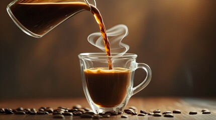 Rich coffee pouring into a clear glass cup on wooden table