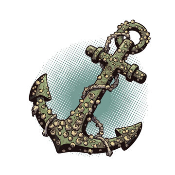 Nautical Anchor Covered in Barnacles, Marine Object Illustration.