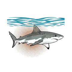 Fototapeta premium Predatory Shark Swimming Underwater with Waves Above.