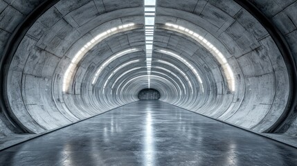 A long, curved concrete tunnel, lit by  circular lights