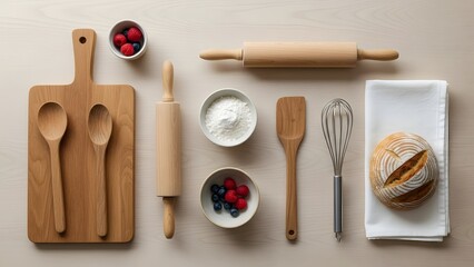 A top-down shot of baking tools and ingredients. The scene is laid out, with a cutting board, spoons, rolling pins, flour, berries, a whisk, a spatula, and bread 