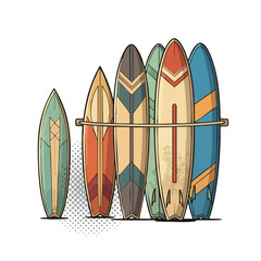 Row of Colorful Surfboards on Stand, Ready for Beach Adventure and Water Sports Recreation.