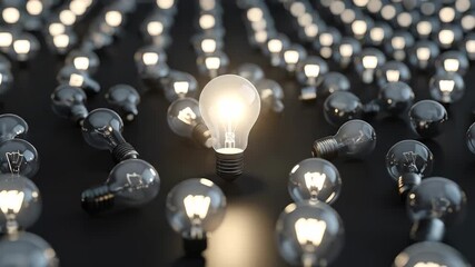 A bright lightbulb stands out amongst many, symbolizing innovation and ideas in a business context.