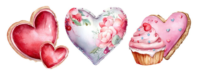 Colorful Heart-Shaped Cookies With Floral Designs and Cupcakes on White Background