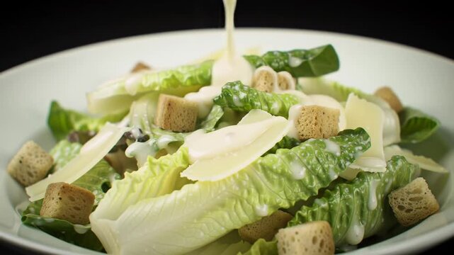 Fresh caesar salad with dressing being poured on white plate