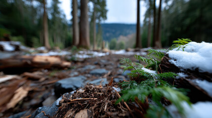 Obraz premium A close-up of green ferns gently adorned by snow, revealing nature's resilience in winter, set against a backdrop of tall trees in a serene forest environment.