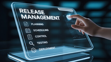 Release management process on a futuristic tablet screen