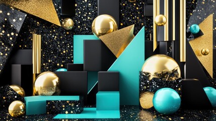Abstract geometric composition featuring black, gold, and teal shapes
