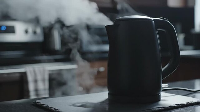 Modern electric kettle steaming vigorously in a dimly lit kitchen setting
