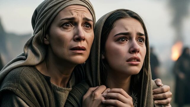 Two biblical women believers watching the Crucifixion of Jesus with grief and horror.
