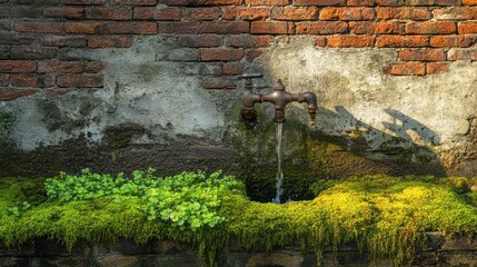 Old faucet trickling water into mossy planter, brick wall