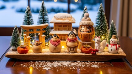 Festive Decoration of Winter: a warm, holiday tableau featuring mini Japanese structures like Torii gates, shrine houses, and mini figures alongside frosted mini trees and a snowman figurine.